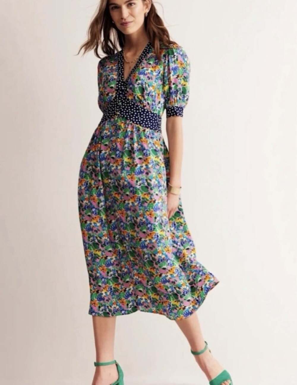Boden Elsa Midi Tea Dress Floral Polka Dot Wildflower Print Multicolor 16-18R